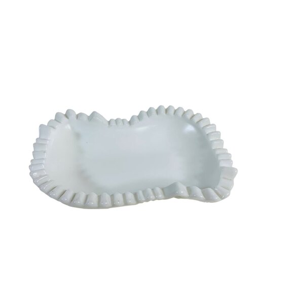 Rare Milk Glass Cottage Soap Dish White Trinket Saw Tooth Rim Hobstar Fork Patte - Picture 3 of 9